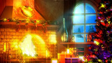 Ateş ışıklandırmalı Noel ağacı ve şömine - dijital nesne 3D illüstrasyon