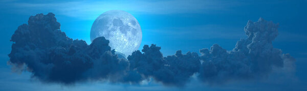 Panoramic night cumulus clouds with moon - cg nature 3D rendering
