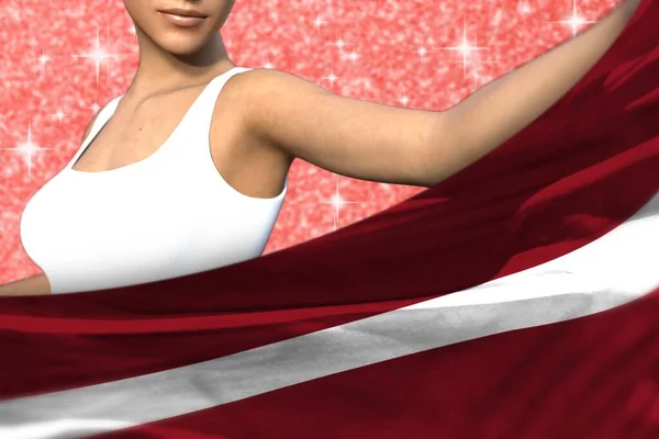 Cute Lady Jest Trzymając Łotwa Flaga Przed Nią Czerwonym Świecące — Zdjęcie stockowe