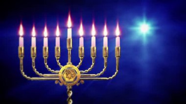 Beytüllahim Yıldızı ile birlikte bulutların üzerinde ışık yakan Hanukkiah lambası.