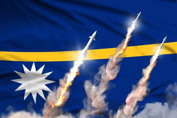Nauru nuclear missile launch - modern strategic nuclear rocket weapons concept on flag fabric background, military industrial 3D illustration with flag