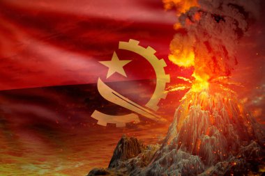 Geceleri volkan patlaması, Angola bayrağı arka planında patlama, felaket sorunları ve volkanik kül kavramı - doğanın 3 boyutlu illüstrasyonu