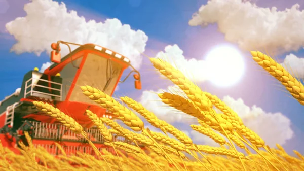 晴れた日のライ麦や小麦のフィールド上の収穫者 架空のデジタル産業3Dイラスト — ストック写真