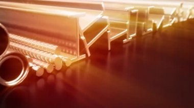 Çeşitli metal profiller parlıyor. Arkaplan kayıyor, kusursuz döngü.