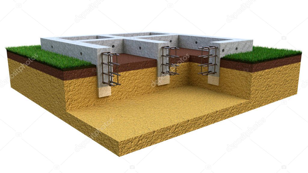 poured reinforced cement wall foundation. isolated industrial 3D rendering