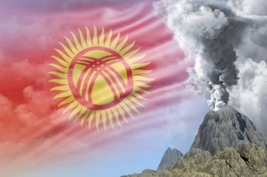 big volcano eruption at day time with white smoke on Kyrgyzstan flag background, troubles because of disaster and volcanic earthquake concept - 3D illustration of nature clipart