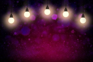 beautiful glossy abstract background glitter lights with light bulbs and falling snow flakes fly defocused bokeh - celebratory mockup texture with blank space for your content