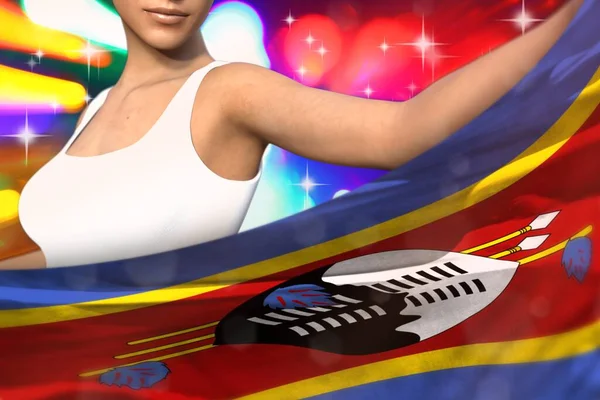Beautiful Girl Holding Swaziland Flag Front Her Party Lights Flag —  Fotos de Stock