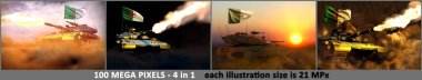 4 illustrations of very high resolution modern tank with fictional design and with Algeria flag - Algeria army concept, military 3D Illustration