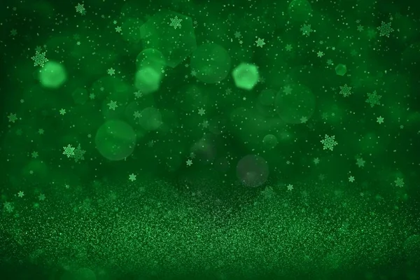 Green Beautiful Glossy Abstract Background Glitter Lights Falling Snow Flakes — Fotografia de Stock