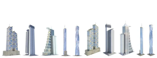 具有蓝天反光的虚构设计公司房屋的10个角度视图非常详细 孤立的 3D的摩天大楼示例 — 图库照片