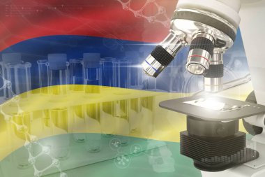 Mauritius bayrağındaki mikroskop - Bilimsel gelişim dijital arka planı. Hücre yaşam tasarımı konsepti araştırması, nesnenin 3 boyutlu çizimi