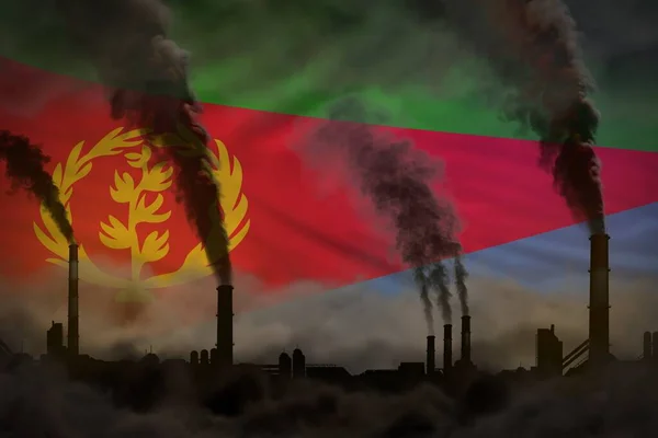 Global warming concept - heavy smoke from industrial chimneys on Eritrea flag background with place for your text - industrial 3D illustration