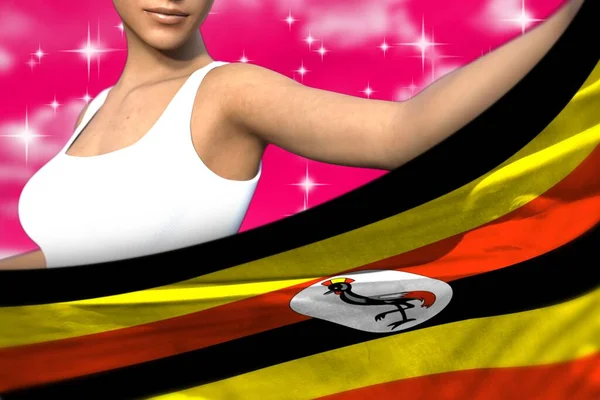 Niña Bonita Está Sosteniendo Bandera Uganda Frente Ella Las Nubes —  Fotos de Stock