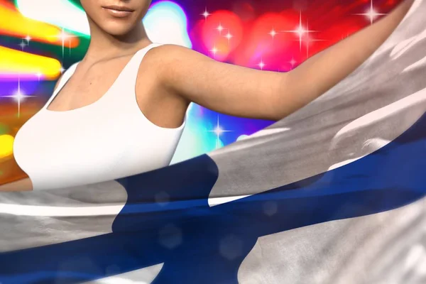Niña Bonita Sostiene Bandera Finlandia Delante Ella Las Luces Del — Foto de Stock