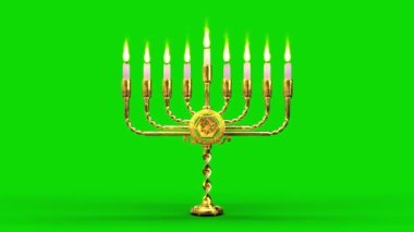 Altın Hanukkiah lambası, parlayan mumlar, hayali izole edilmiş