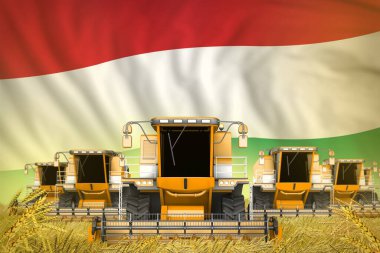 Birçok sarı tarım ürünü buğday tarlasında hasatçıları Macaristan bayrağının arka planıyla birleştiriyor - ön görüş, açlık kavramını durdurun - endüstriyel 3D illüstrasyon