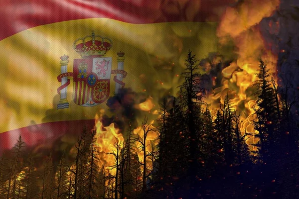 森林火災自然災害の概念 スペインの国旗を背景に森の中の地獄の火 自然の3Dイラスト — ストック写真