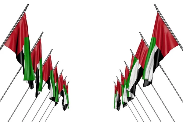 Ganska Många Förenade Arabemiratens Flaggor Hänger Diagonala Stolpar Från Vänster — Stockfoto