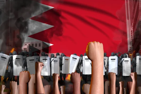 Концепция Борьбы Повстанцами Протест Бахрейне Фоне Флага Спецназ Полиции Выступает — стоковое фото