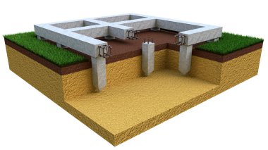 İskele ve kiriş temeli. izole konsept endüstriyel 3D illüstrasyon