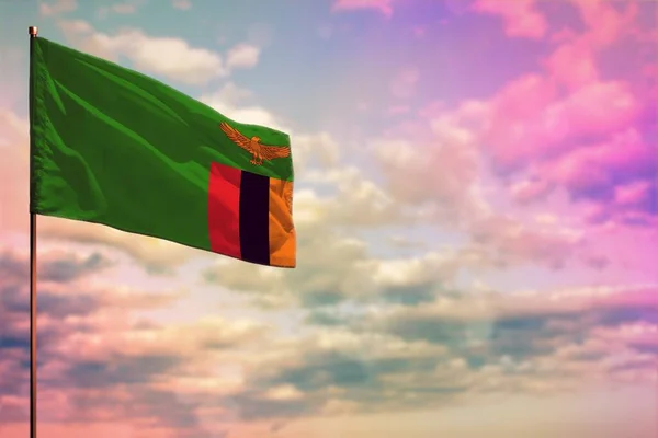 Fluttering Zambia Zászló Mockup Hely Szöveg Színes Felhős Háttér — Stock Fotó