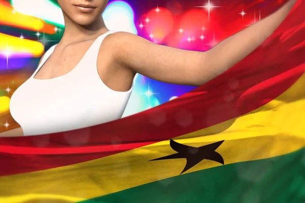 Hermosa Dama Está Sosteniendo Bandera Ghana Delante Ella Las Luces —  Fotos de Stock