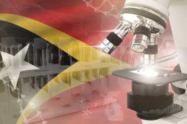 Timor bayrağında mikroskop - Bilimsel gelişim dijital arkaplan. Nanoteknoloji tasarım konsepti araştırması, nesnenin 3 boyutlu çizimi