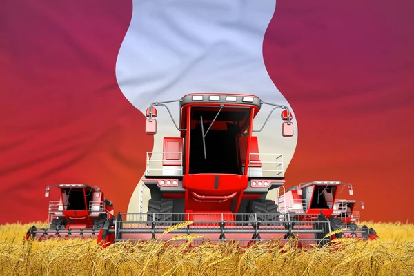 Industriële Illustratie Van Vier Heldere Rode Combineren Oogstmachines Boerderij Veld — Stockfoto