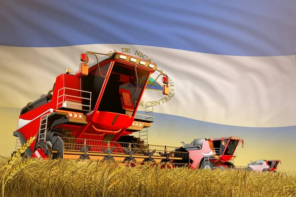 Промышленная Иллюстрация Сельскохозяйственного Комбайна Работающего Пшеничном Поле Фоне Флага Никарагуа — стоковое фото
