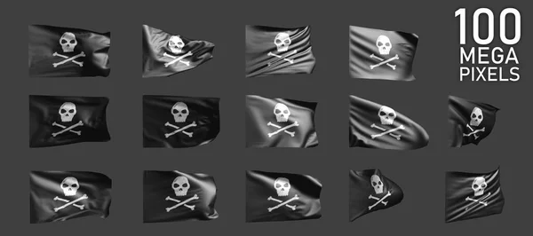 Pirate flag isolated - different pictures of the waving flag on grey background - object 3D illustration