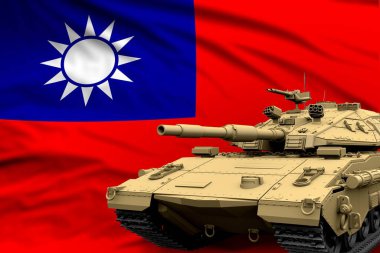 Çin 'in Tayvan Eyaleti modern tankı bayrak arka planında gerçek tasarım yok - tank ordusu konsepti, askeri illüstrasyon