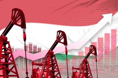 Macaristan petrol endüstrisi konsepti, endüstriyel illüstrasyon - Macaristan bayrağı arka planında yükselen tablo. 3B Görüntü