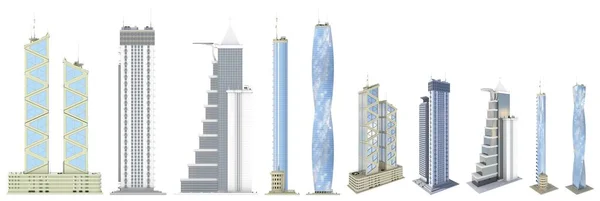 Ansichten Aus Verschiedenen Blickwinkeln Detaildarstellungen Fiktionaler Stadtgebäude Mit Blauen Wolkenverhangenen — Stockfoto