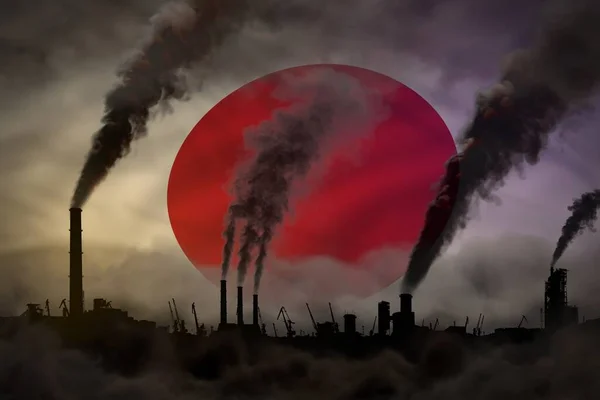 暗い汚染 気候変動の概念との戦い 日本の国旗を背景に工場パイプの大型煙 工業用3Dイラスト — ストック写真
