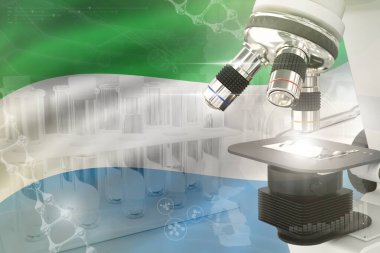Sierra Leone bayrağı üzerinde mikroskop - Bilimsel gelişim dijital arkaplan. Sağlık hizmeti tasarımı konsepti araştırması, nesnenin 3 boyutlu illüstrasyonu