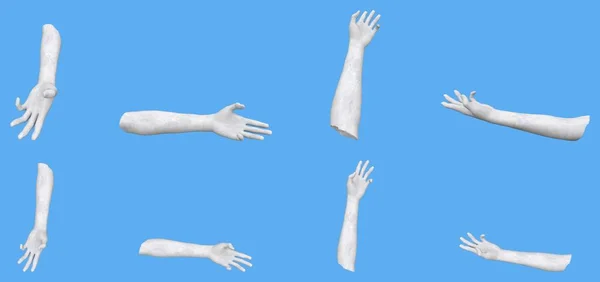 Set Weiße Betonstatue Hand Realistische Renderings Isoliert Auf Blau Licht — Stockfoto