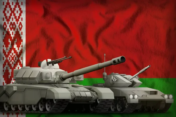 在白俄罗斯国旗背景上的坦克 白俄罗斯坦克部队的概念 3D说明 — 图库照片