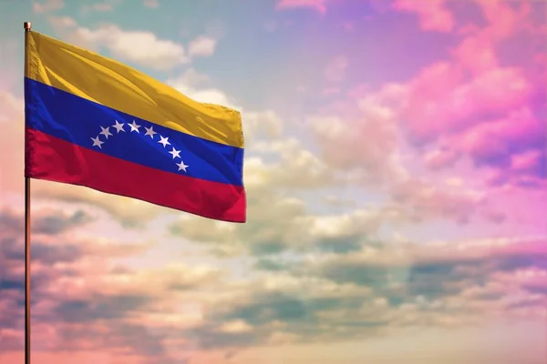 Fluttering Venezuela Zászló Mockup Hely Szöveg Színes Felhős Háttér — Stock Fotó