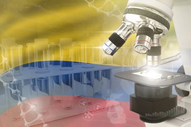 Colombia science development digital background - microscope on flag. Research of pharmaceutical industry design concept, 3D illustration of object
