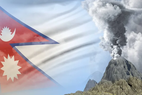 Stratovolcano Blast Eruption Day Time White Smoke Nepal Flag Background — Zdjęcie stockowe