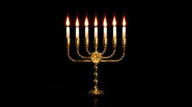 Parlayan mumları olan altın menorah lambası, hayali izole edilmiş.