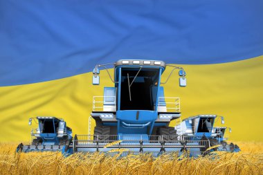 Dört açık mavi, tarım alanındaki hasatçıları bayrak arkaplan, Ukrayna tarım konsepti - endüstriyel 3D illüstrasyon