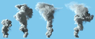 4 farklı ağır gri duman sütunu volkan veya büyük endüstriyel patlama - kirlilik konsepti, nesnenin çizimi