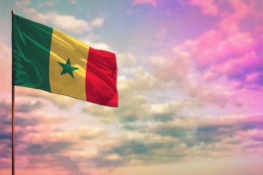 Renkli bulutlu gökyüzü arkaplanı üzerine yazdığınız metin için Senegal bayrağının dalgalanan maketi.