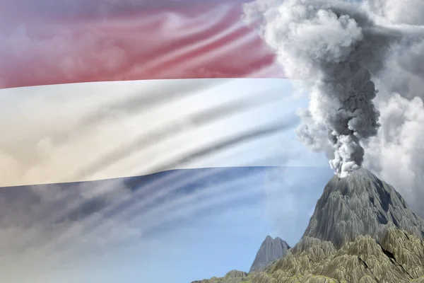 Stratovolcano Výbuch Erupce Dne Bílým Kouřem Pozadí Nizozemské Vlajky Problémy — Stock fotografie