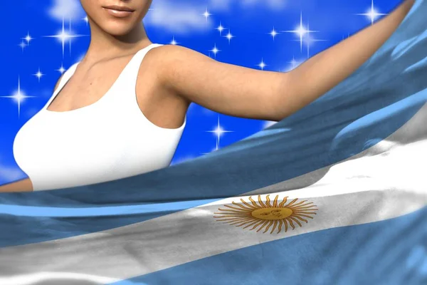 pretty lady is holding Argentina flag in front of her on the blue colorful clouds - flag concept 3d illustration