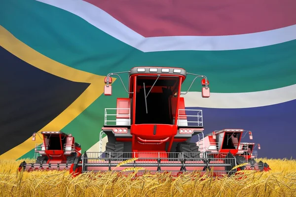 Knallrote Mähdrescher Auf Ländlichem Feld Mit Fahnenhintergrund Landwirtschaftskonzept Südafrika Industrielle — Stockfoto