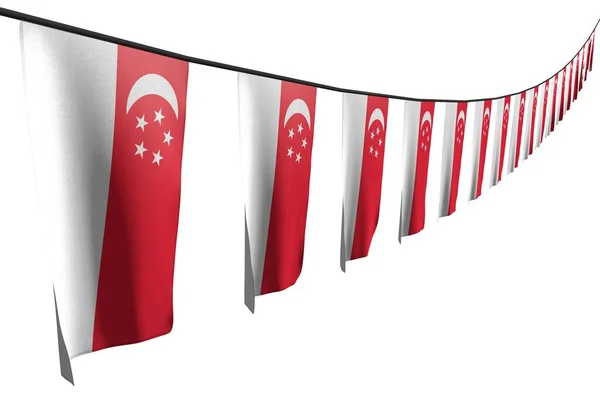 Замечательные Многие Флаги Сингапура Баннеры Висит Диагональ Перспективным Видом Строку — стоковое фото