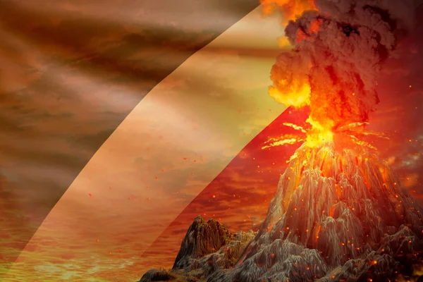 圆锥形火山在夜间喷发 在刚果国旗背景下发生爆炸 喷发问题和火山地震概念三维图解 — 图库照片